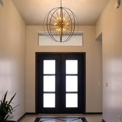 43.3" Black Gold Large Globe Sputnik Chandelier, 18-Light Mid Century Modern Starburst Golden Solid Metal Satellite Light Fixture for High Ceiling Living Room Dining Room Stairway, E12