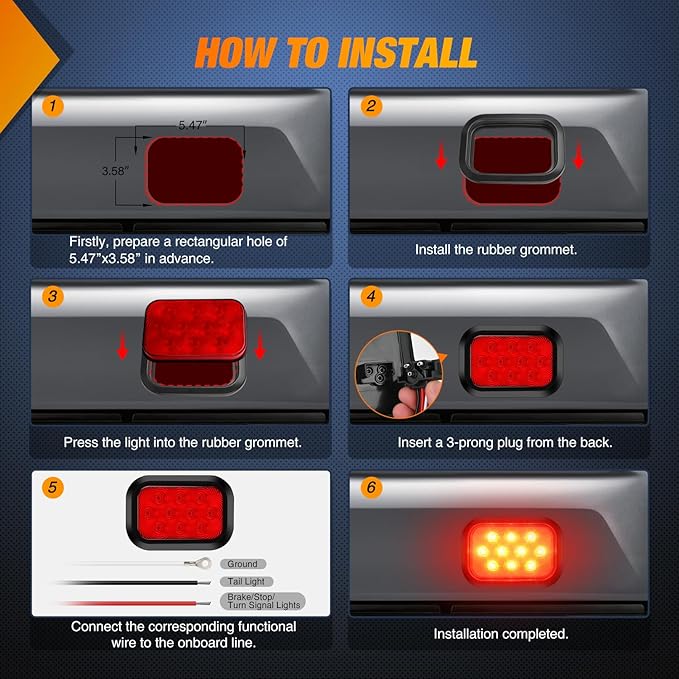 Nilight 5” X 3” Rectangular Trailer Tail Light 2 PCS Red 10 LED Brake Stop Turn Marker Lights IP67 Waterproof w/Flush Mount Grommets Plugs for 12V Truck ATV UTV Bus RV Camper