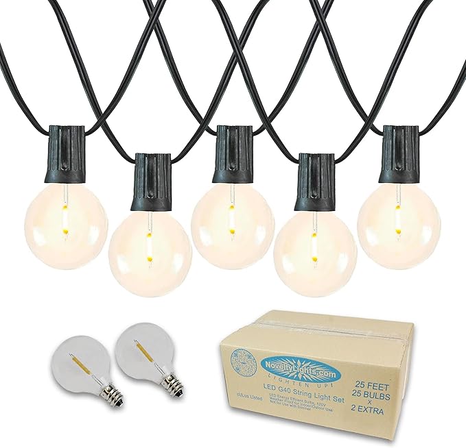 Novelty Lights 25 Feet G40 LED Patio String Light Set with 25 Bulbs, Warm White, Weather Resistant and Shatterproof Replaceable Plastic Globe Bulbs, Black Wire