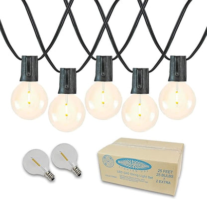 Novelty Lights 25 Feet G40 LED Patio String Light Set with 25 Bulbs, Warm White, Weather Resistant and Shatterproof Replaceable Plastic Globe Bulbs, Black Wire