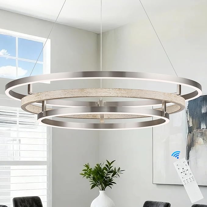 3 Ring LED Chandelier Nickel Round Chandelier Light Fixture 31in Dimmable Modern Entry Chandeliers Weathered Wood Circular Light for Foyer Dining Room Bedroom Office Living Room