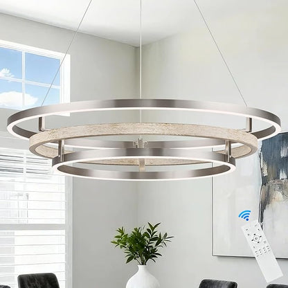 3 Ring LED Chandelier Nickel Round Chandelier Light Fixture 31in Dimmable Modern Entry Chandeliers Weathered Wood Circular Light for Foyer Dining Room Bedroom Office Living Room