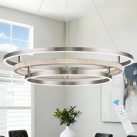 3 Ring LED Chandelier Nickel Round Chandelier Light Fixture 31in Dimmable Modern Entry Chandeliers Weathered Wood Circular Light for Foyer Dining Room Bedroom Office Living Room