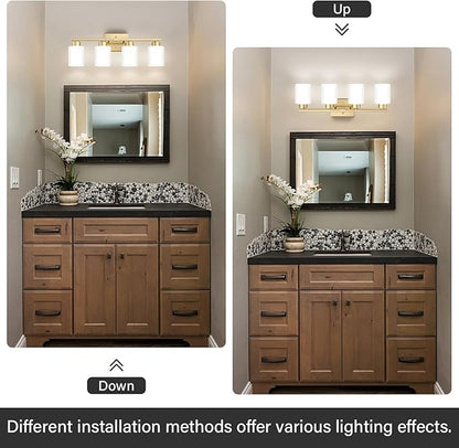 FonmYim Gold Bathroom Light Fixtures, 4-Light Modern Vanity Light Over Mirror, Wall Sconces with Milky White Frosted Glass Shades, E26 Socket (Bulbs Not Included)