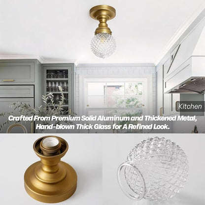 Schoolhouse Semi Flush Mount Ceiling Light, Brass Gold Close to Ceiling Light Fixtures with Hand-Blown Glass Shade Modern Hallway Ceiling Lamp for Laundry Entryway Kitchen Bathroom E26