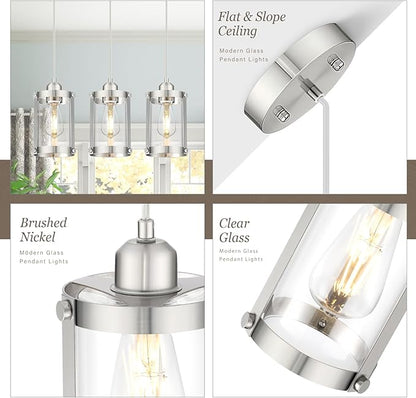 Brushed Nickel Pendant Lights Kitchen Island, 1-Light Modern Mini Hanging Light Fixtures with Clear Glass, Farmhouse Kitchen Pendant Lighting Over Island for Sink, OS-3014-1PBN