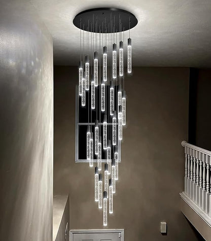 HAIXIANG 14.5 Foot High Ceiling Chandelier for Entryway Modern Crystal Lights for Living Room Foyer Flush Mount Sloping Ceiling Pendant Light Fixture Remote Dimmable 28-Lights Black
