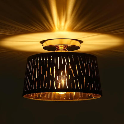 Modern Ceiling Light Fixture, 10 Inch Semi Flush Mount Lamp with Black Cut-Out Linen Shade, E26 Base, Gold for Kitchen Bedroom Hallway Closet Entryway Room Small Spaces