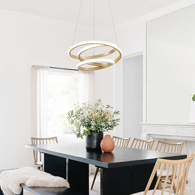 Mayful Modern Chandelier with Remote Control, 3-Color Dimmable LED Pendant Light Fixtures, Height Adjustable Kitchen Island Lighting for Dining Room,Bedroom,Living Room,Foyer,Office Gold 13.78 inches