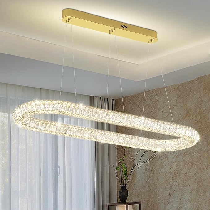 LED Crystal Ring Chandelier, 47.2'' Gold Crystal Ring Pendant Light for Kitchen Island Modern Linear Oval Chandeliers for Dining Room Dimmable 3000K-6000K