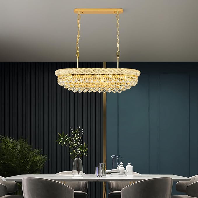 Crystal Chandeliers for Dining Room Light Fixtures Over Table, Modern Crystal Chandeliers for Kitchen lsland, 9 Lights Empire Style Gold Luxury Lighting Fixtures for Living Room Bar L31 Inch