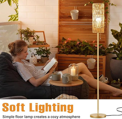 Ambimall 64'' Floor Lamp for Living Room with 3 Color Temperatures Bulb, Boho Gold Standing Lamp with Beige Rattan Shade
