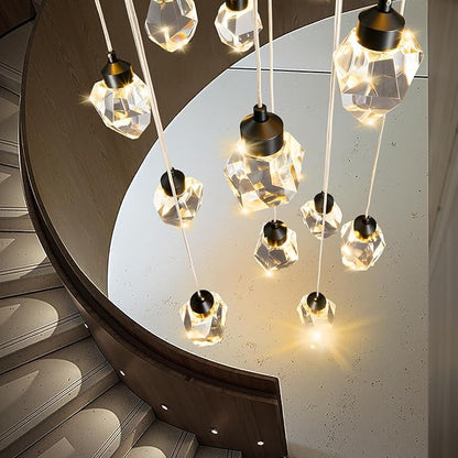 Crystal LED High Ceiling Chandelier: Remote Dimmable Long Pendant Light Fixtures - Spiral Drop Flush Mount Sloped Ceilings Modern Chandeliers For Entryway Living Room Foyer Staircase Stairs 20 Lights