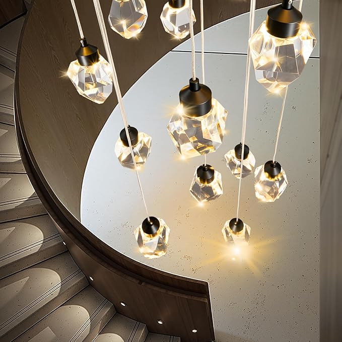 Crystal LED High Ceiling Chandelier: Long Remote Dimmable 12 Pendant Light Fixtures - Spiral Drop Flush Mount Sloped Ceilings Modern Chandeliers For Entryway Living Room Foyer Staircase Entrance