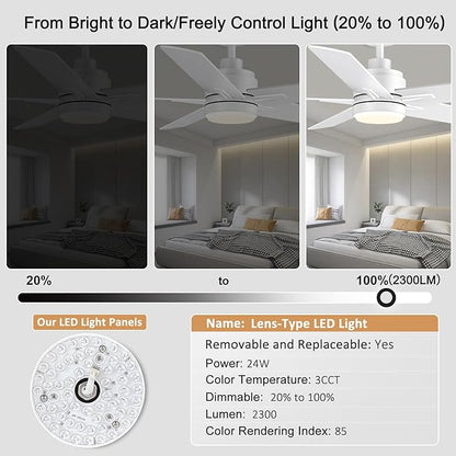 YUHAO 48 Inch White Ceiling Fan with Light and Remote Control.Noiseless,Dimmable, 3CCT,6 Speeds Reversible, Modern DC Ceiling Fans for Indoor or Covered Outdoor Use,ETL Listed