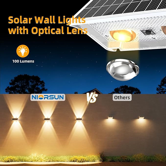 NIORSUN Solar Fence Lights Outdoor, 16 Pack Up and Down Waterproof Solar Wall Lights, Fence Lights with Lens, Warm & Cool White + RGB, Dusk to Dawn Lighting for Patio, Backyard, Pool, Railing (White)