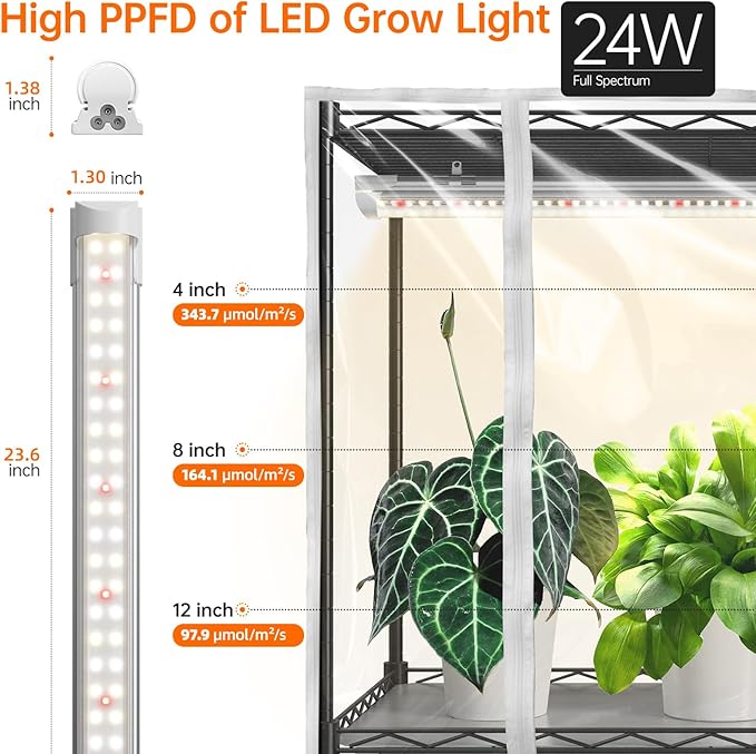 Bstrip Indoor Greenhouse with Grow Light, 5 Tier 23.5"x13.8"x59" Mini Greenhouse with 4 Pack 24W Full Spectrum Plant Lights & Timer, Plant Shelf with Cover for Indoor Plant, Seed Starting, Seed Tray
