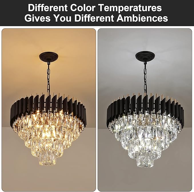 AXILIXI Modern Crystal Chandelier - 20" Crystal Ceiling Pendant Light 4 Tier Raindrop Flush Mount Chandelier in Black and Gold for Entryway, Foyer, Dining Room