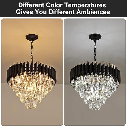 AXILIXI Modern Crystal Chandelier - 20" Crystal Ceiling Pendant Light 4 Tier Raindrop Flush Mount Chandelier in Black and Gold for Entryway, Foyer, Dining Room