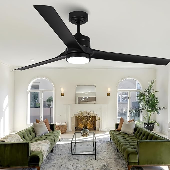 Ceiling Fans with Lights and Remote, 60 Inch Black Low Profile Ceiling Fan with Light, Modern Outdoor Ceiling Fan for Bedroom Living Room Patio, Fandelier Chandelier Style, Quiet DC Motor, 3CCT LED