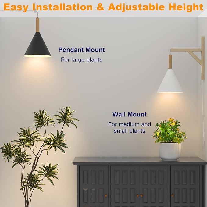 Hanging Grow Lights for Indoor Plants, 20W Full Spectrum Plant Lamp with Timer, Adjustable Height, Wall-Mounted 3000K Growlight with 14.5 ft Power Cord, for Greenhouse, Garden, Large Plants (Black)