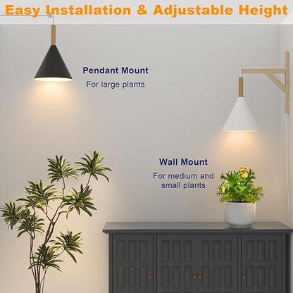 Hanging Grow Lights for Indoor Plants, 20W Full Spectrum Plant Lamp with Timer, Adjustable Height, Wall-Mounted 3000K Growlight with 14.5 ft Power Cord, for Greenhouse, Garden, Large Plants (Black)