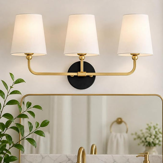 Bathroom Light Fixtures, Black and Gold Vanity Lights with Flared White Fabric Shade, 3-Light Wall Sconce, Modern Sconces Wall Lighting for Hallway Bedroom, VL837-KG-3