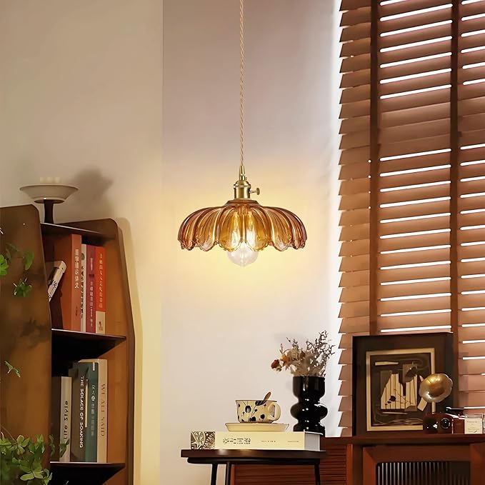 Glass Pendant Light Vintage Light Fixtures, Glass Pendant Lights Kitchen Island, Adjustable Hanging Light for Kitchen Island Dining Room Hallway (Dark Amber)