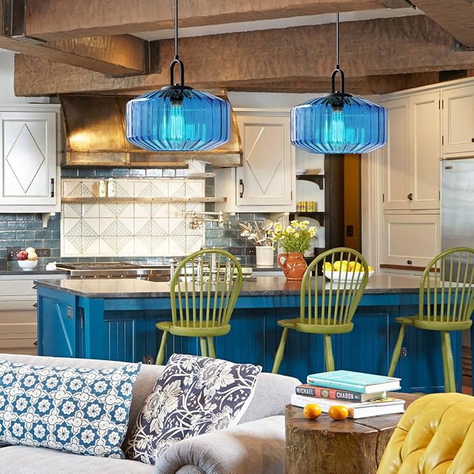 Glass Pendant Light Fixture Vintage Modern Pendant Lights with Blue Hand Blown Glass Shade Mid Century Black Adjustable Cord Ceiling Hanging Lighting for Dining Room Kitchen Island
