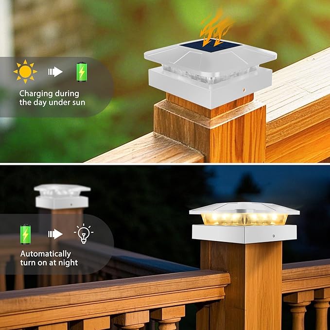 Peasur 4x4 Solar Post Cap Lights Outdoor with 3 Modes, 8 Packs White Fence Light Solar Powered Waterproof, Wood/Vinyl Post Caps for Deck Yard Garden Patio Porch Outside