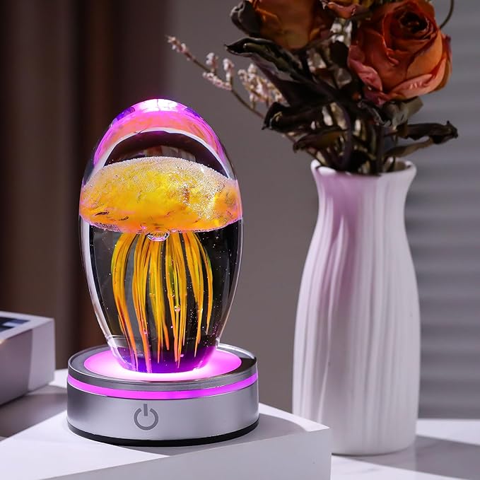 Handmade Jellyfish Lamp – Crystal Glass Figurine Colorful LED Night Light, Ocean-Themed Desk Decor, Aquarium & Beach Room Decor – Gifts for Women Nature Lovers (Yellow)