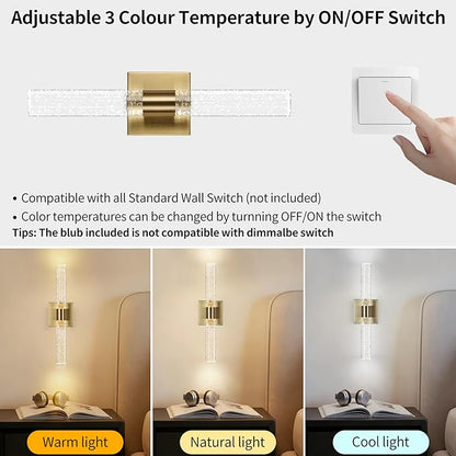 18 Inch Bathroom Sconces Set of 2, 3 Color Temperature Bubble Crystal Led Wall Sconce Indoor Wall Mount Vanity Light Bar Brass Hardwired Wall Sconce for Bedroom Living Room, 12W