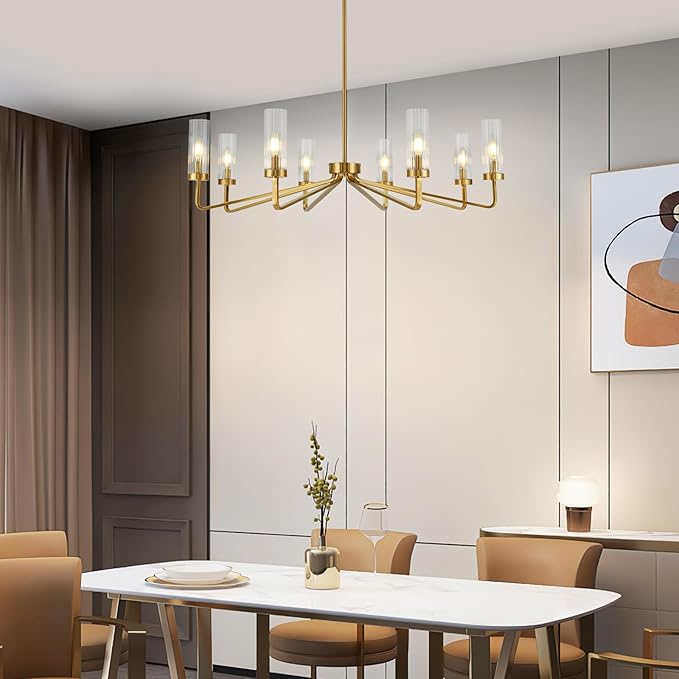 40" Brushed Gold Chandelier with Glass Shades, 8-Light Large Farmhouse Pendant Lights for Dining Room Living Room Bedroom Kitchen