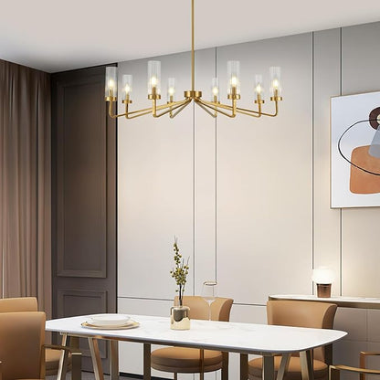 40" Brushed Gold Chandelier with Glass Shades, 8-Light Large Farmhouse Pendant Lights for Dining Room Living Room Bedroom Kitchen