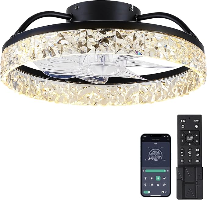 Mpayel Ceiling Fans with Lights and Remote/APP Control, Modern Dimmable Low Profile Ceiling Fan, Flush Mount Bladeless Ceiling Fan, 16" Memory Function Forward Reverse and 6 Speeds - Black
