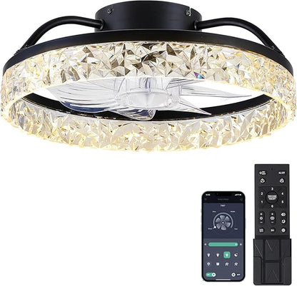 Mpayel Ceiling Fans with Lights and Remote/APP Control, Modern Dimmable Low Profile Ceiling Fan, Flush Mount Bladeless Ceiling Fan, 16" Memory Function Forward Reverse and 6 Speeds - Black