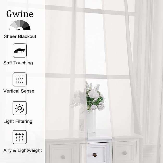 Gwine Ivory Sheer Curtains 90 Inches Long 2 Panels Set, Light Filtering Solid Filmy Drapes for Living Room Bedroom, Elegant Soft Rod Pocket Voile Sheer Window Curtains, 42Wx90L Inch, 2PCS, Ivory