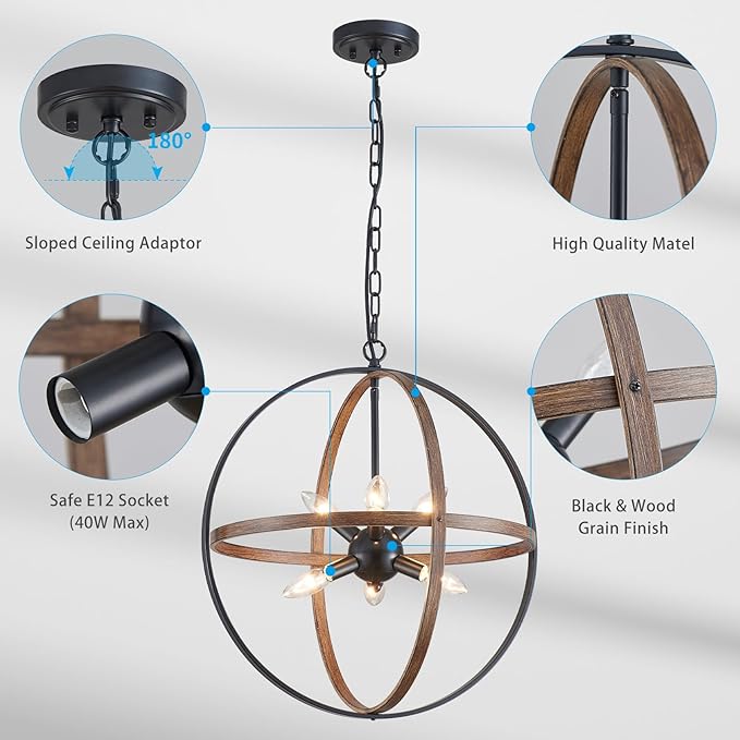 XINGQI Vintage Globe Chandelier Orb Pendant Lighting Fixtures,6-Light Sphere Lights Over Island 19.7" Black and Wood Grain Finish Chandeliers for Dining Room,Kitchen,Living Room