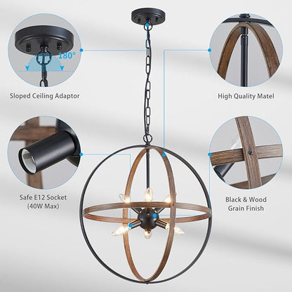 XINGQI Vintage Globe Chandelier Orb Pendant Lighting Fixtures,6-Light Sphere Lights Over Island 19.7" Black and Wood Grain Finish Chandeliers for Dining Room,Kitchen,Living Room
