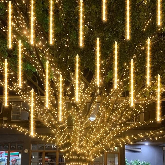TW SHINE Christmas Meteor Shower Lights Outdoor, 864 LED 12" 24 Tubes Waterproof Christmas Lights Outdoor Plug in, Snow Falling Rain Icicle Xmas Light Decorations, Warm White