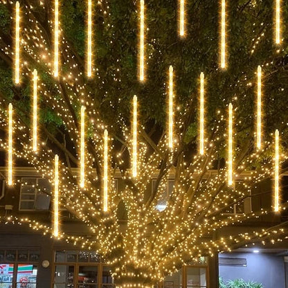 Christmas Meteor Shower Lights Outdoor, 288 LED 12" 8 Tubes Waterproof Christmas Lights Outdoor Plug in, Snow Falling Rain Icicle Xmas Light Decorations, Warm White