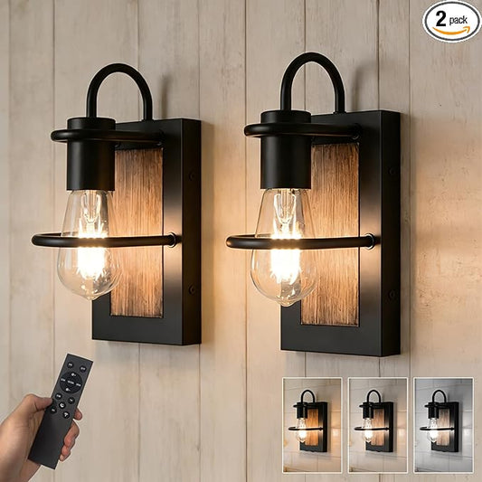 Battery Operated Wall Sconce Set of 2, Wireless Wall Lights with Remote Control, Dimmable 3 Color Temperatures, Rechargeable Wall Sconce with Vintage Faux-Wood Finish for Bedroom Living Room