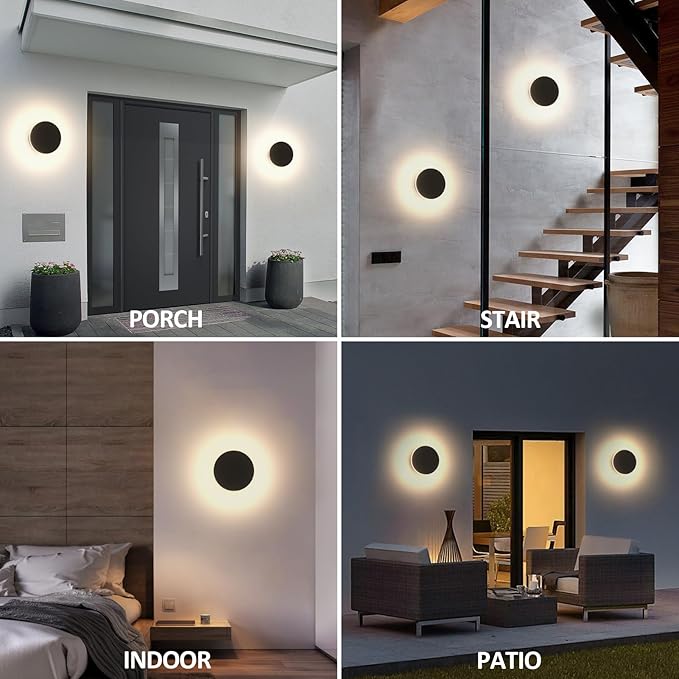 LED Wall Light Indoor Outdoor Modern Sconce Black Modern Outdoor Wall Lights Aluminum Waterproof Black Wall Mount Lights LED Light Warm White 3000K (Round)