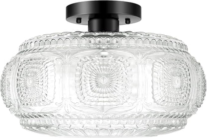 Semi Flush Mount Ceiling Light, Upgraded 12 inch Larger Black Glass Ceiling Light Fixture, Vintage Lighting for Hallway Kitchen Bedroom Dining Room, Bulb Not Included