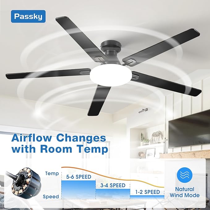 Passky Ceiling Fans with Lights, 60 inch Flush Mount Ceiling fan with Remote Control, Low Profile Ceiling Fan for Bedroom, Farmhouse, Reversible, 3CCT, Dimmable, Noiseless DC Motor, Black