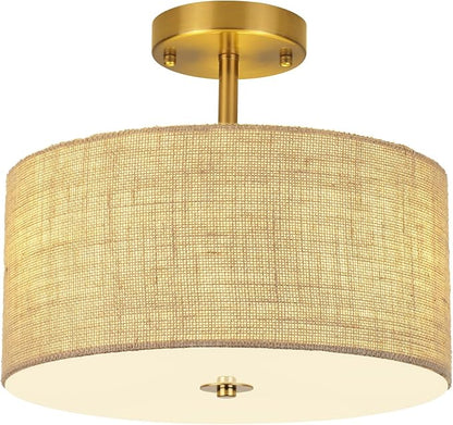 13 Inch Modern Semi Flush Mount Ceiling Light Fixture, Gold Drum Lamp with Textured Woven Linen Burlap Shade, Rustic Farmhouse Boho Lighting for Bedroom, Kitchen, Hallway, Entryway Room