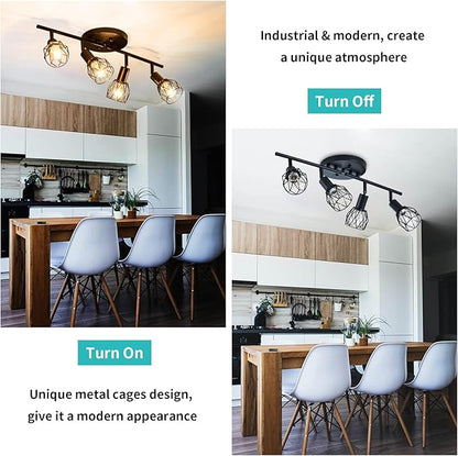 Track Lighting Kit, 4-Light Adjustable Multi-Directional Ceiling Light Fixtures, Vintage Black Metal Wire Cage Farmhouse Light Fixtures Ceiling Mount for Kitchen Dining Table Hallway Bathroom Bedroom