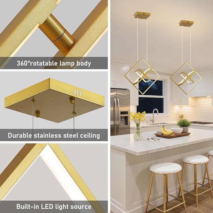 Modern Gold LED Square Chandelier,Adjustable Geometric Pendant Light with Remote Dimmable 3000K–6000K,Contemporary Hanging Light Fixture for Kitchen Island,Dining Room,Living Room