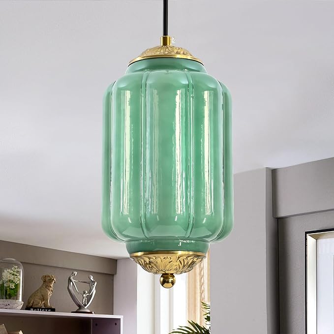 Milk Glass Pendant Light, 5.5 Inch Green Adjustable Cord Hanging Lamp, Dimmable E26 Base Vintage Pendant Light Fixture for Bedroom Bathroom Entryway