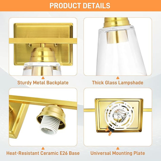 hykolity 3-Light Bathroom Vanity Light, 5-Piece All-in-One Bathroom Set, 20 Inch Modern Wall Lamp, Gold Wall Sconces with Clear Glass Shade, Wall Lights for Bedroom, Living Room, Bathroom Mirror